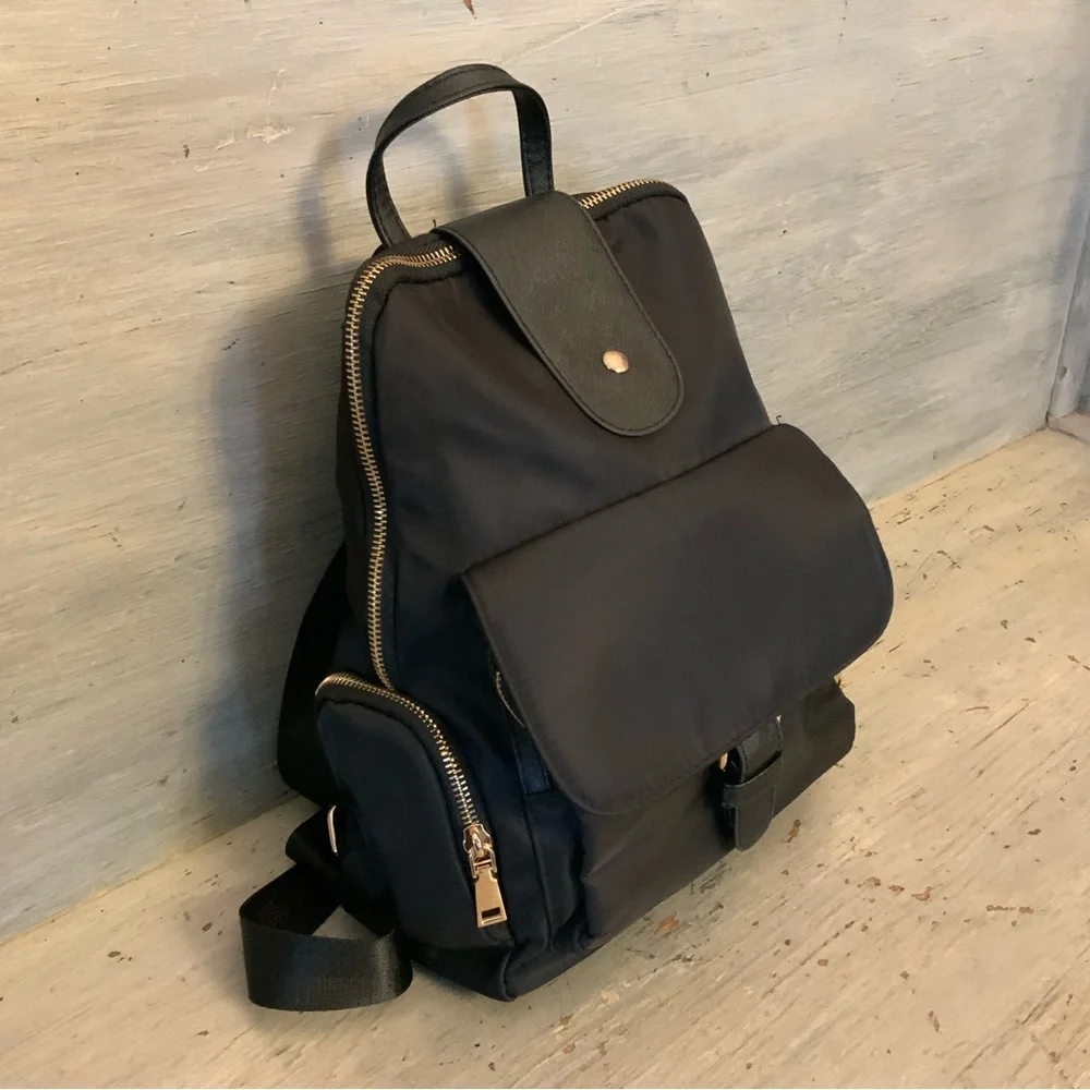 Black Satin Faux‎ Leather Backpack Bag Purse 8x13x4 Like New